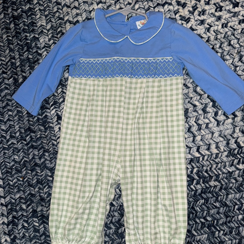 Busy Bees Smocked blue and Green Gingham Romper